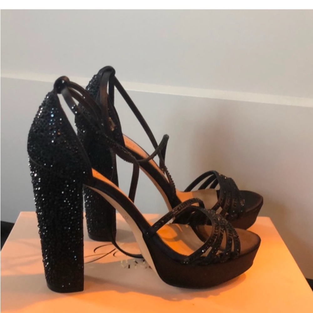Black High Heeled Platform Sandals with Glittery Straps